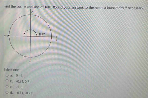 Find the cosine and sine of 180 ° . Round your answers to the nearest hundredth if necessary. Select one: a. 0, -1.1 b. -0.71, 0.71 c. -1, 0 d. -0.71, -0.71