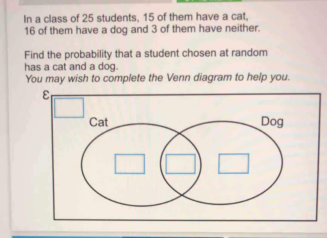 In a class of 25 students, 15 of them have a cat, 16 of them have a dog and 3 of them have neither. Find the probability that a student chosen at random has a cat and a dog. You may wish to complete the Venn diagram to help you. E