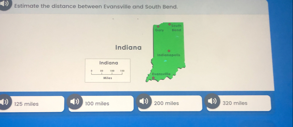 Estimate the distance between Evansville and South Bend. Indiana Indiana 50100150 Miles 125 miles 100 miles 200 miles 320 miles