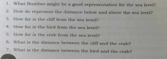 1. What Number might be a good representation for the sea level? 2. How do represent the distance below and above the sea level? 3. How far is the cliff from the sea level? 4. How far is the bird from the sea level? 5. How far is the crab from the sea level? 6. What is the distance between the cliff and the crab? 7. What is the distance between the bird and the crab?