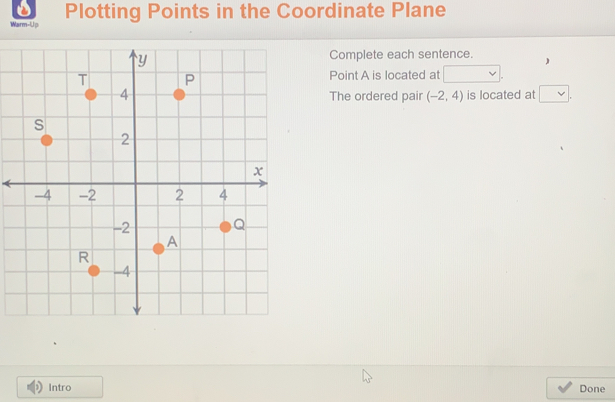 Warm-Up Plotting Points in the Coordinate Plane Complete each sentence. , Point A is located at The ordered pair -2,4 is located at Intro Done