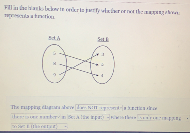 Fill in the blanks below in order to justify whether or not the mapping shown represents a function.. The mapping diagram above does NOT represent~ a function since there is one number√ in Set A the input where there [is only one mapping to Set B the output