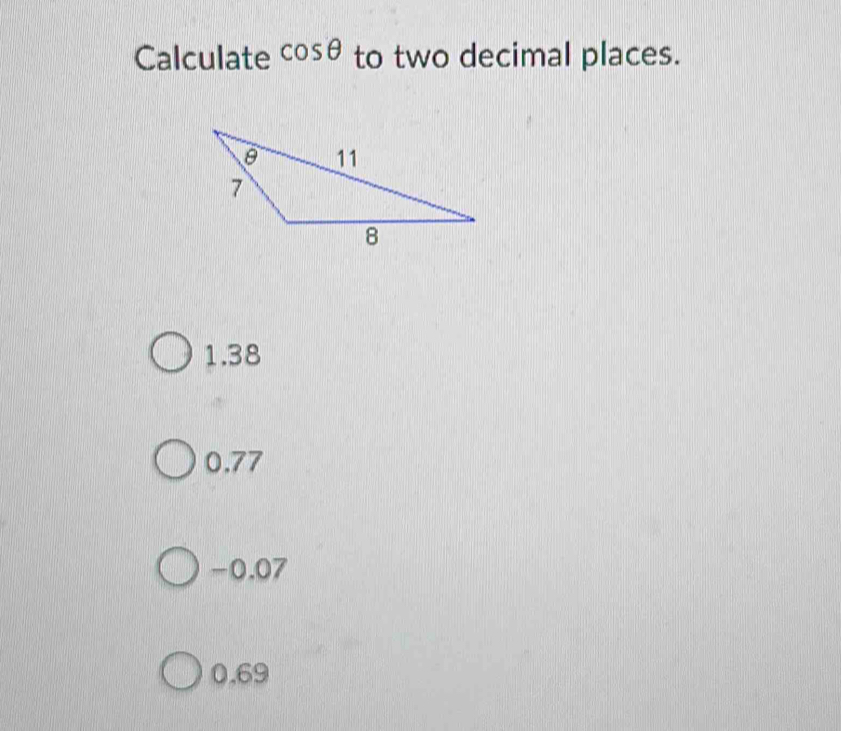 Calculate cos θ to two decimal places. 1.38 0.77 -0.07 0.69