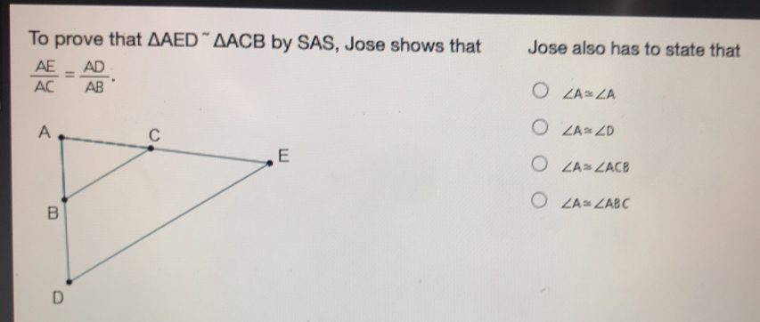 To prove that Delta AED Delta ACB by SAS, Jose shows that Jose also has to state that AE/AC = AD/AB angle A ≌ angle A angle A ≌ angle D angle A ≌ angle ACB angle A ≌ angle ABC