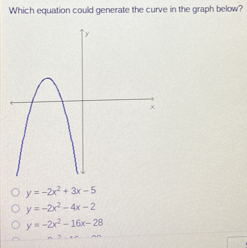 Which equation could generate the curve in the graph below? y=-2x2+3x-5 y=-2x2-4x-2 y=-2x2-16x-28